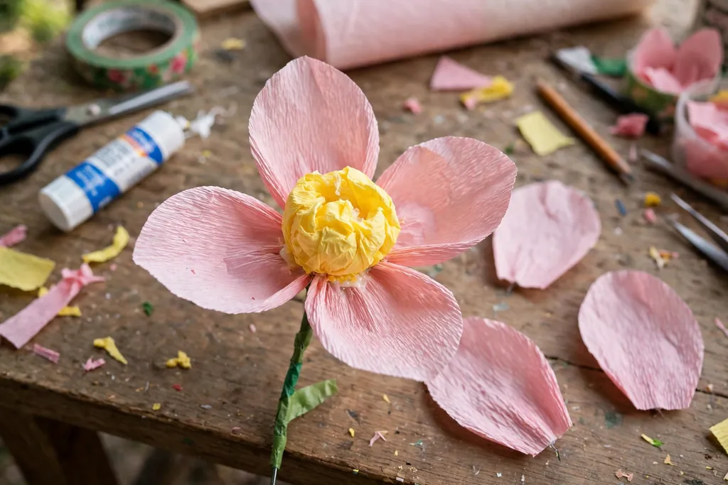 Simple five petal crepe paper blossom with petals around a contrast color center on a wire stem.