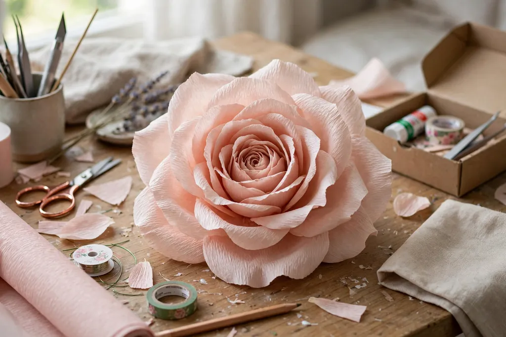Layered crepe paper rose in blush pink with tight inner petals and open outer petals.