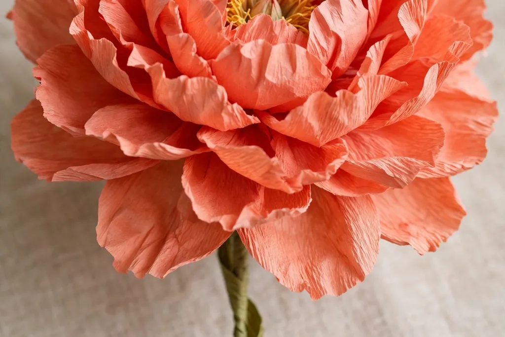 Full crepe paper peony in coral with many ruffled graduated petals on a wire stem.