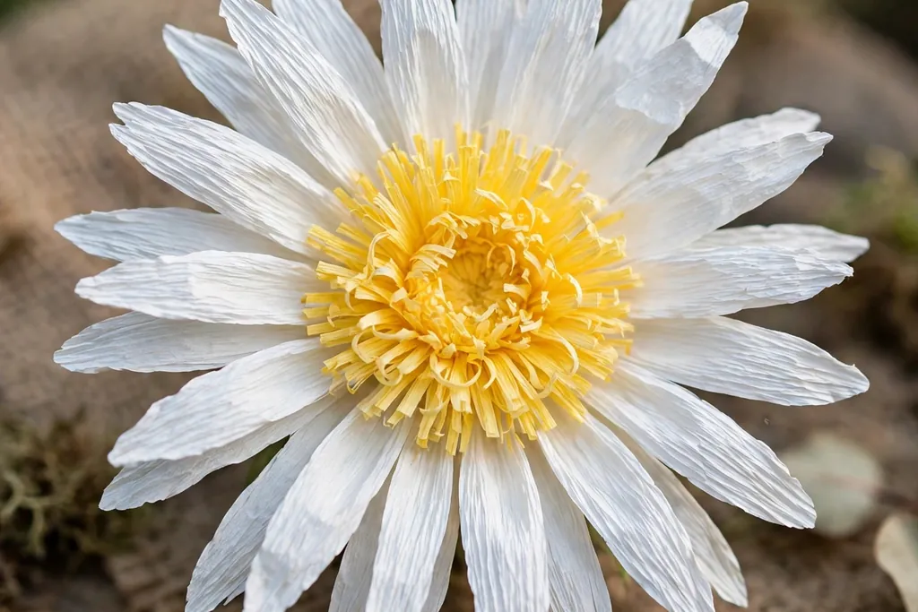 Crepe paper daisy with narrow white petals around a fringed yellow coiled center.
