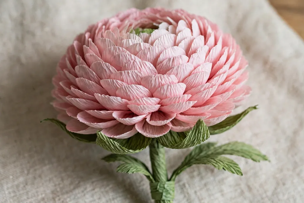 Crepe paper ranunculus with many small rounded petals stacked into a dome shape.