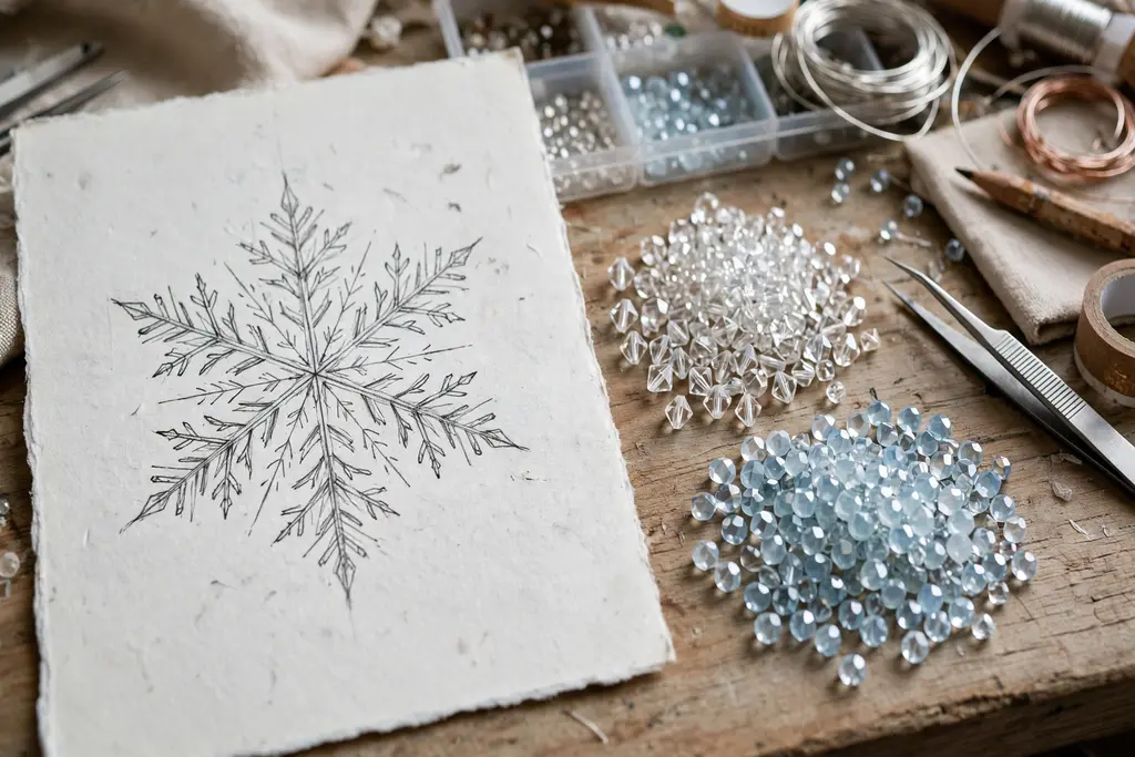 A hand drawn snowflake sketch on paper beside sorted piles of clear and pale blue crystal beads on a craft table.
