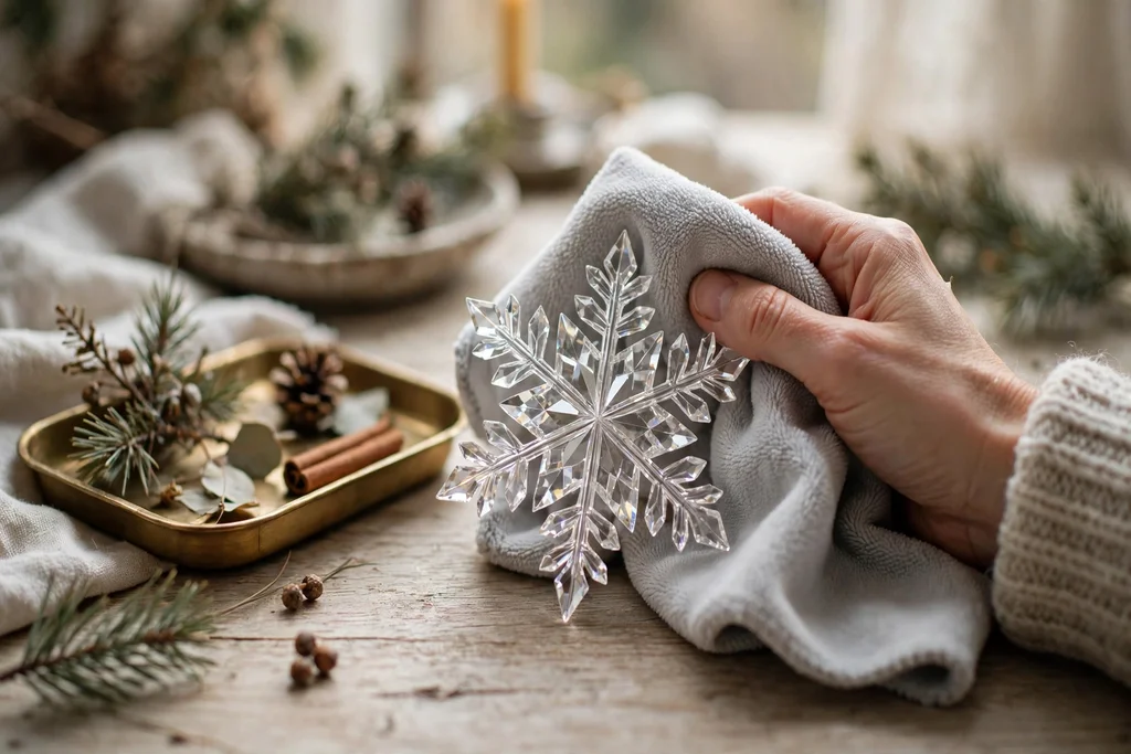 A soft cloth wiping a finished crystal snowflake ornament on a table beside a small tray.