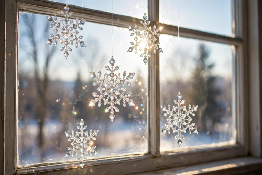 Crystal snowflake ornaments hanging at different heights in a bright window with daylight shining through the beads.