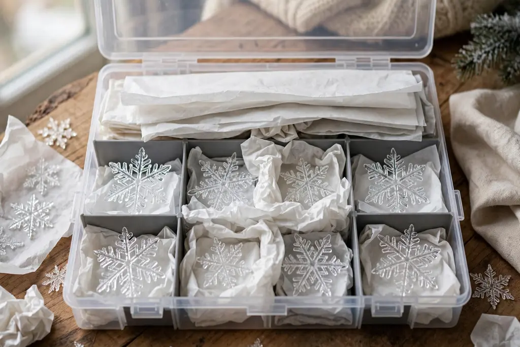 Crystal snowflake ornaments laid flat in a divided storage box with tissue paper between layers.
