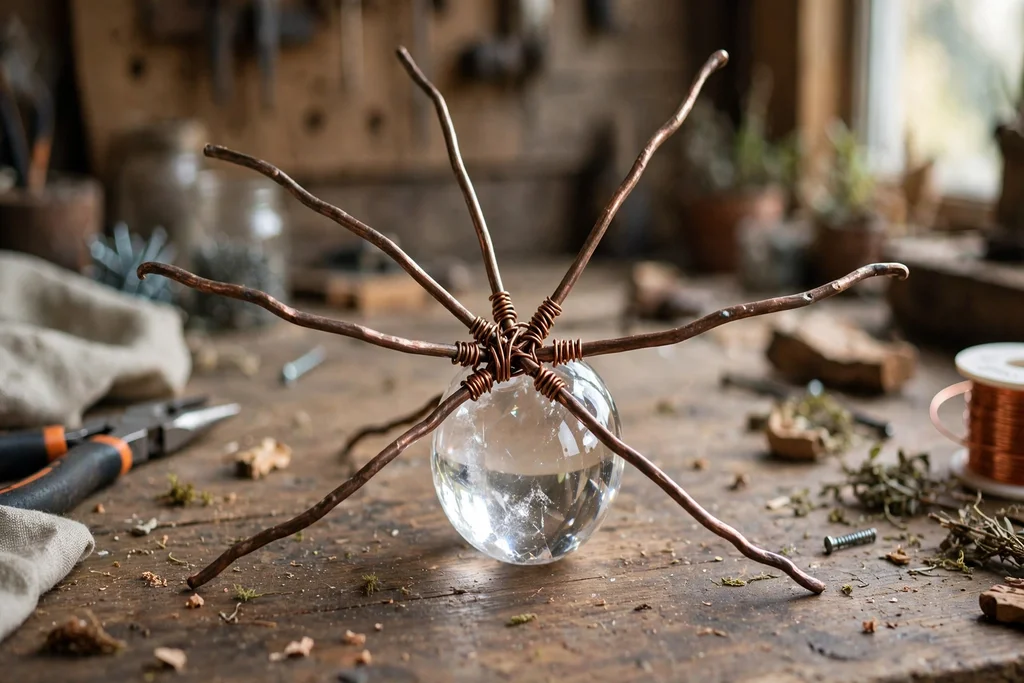 Six wire arms bound together at the center with a large clear crystal bead at the hub, on a work table.