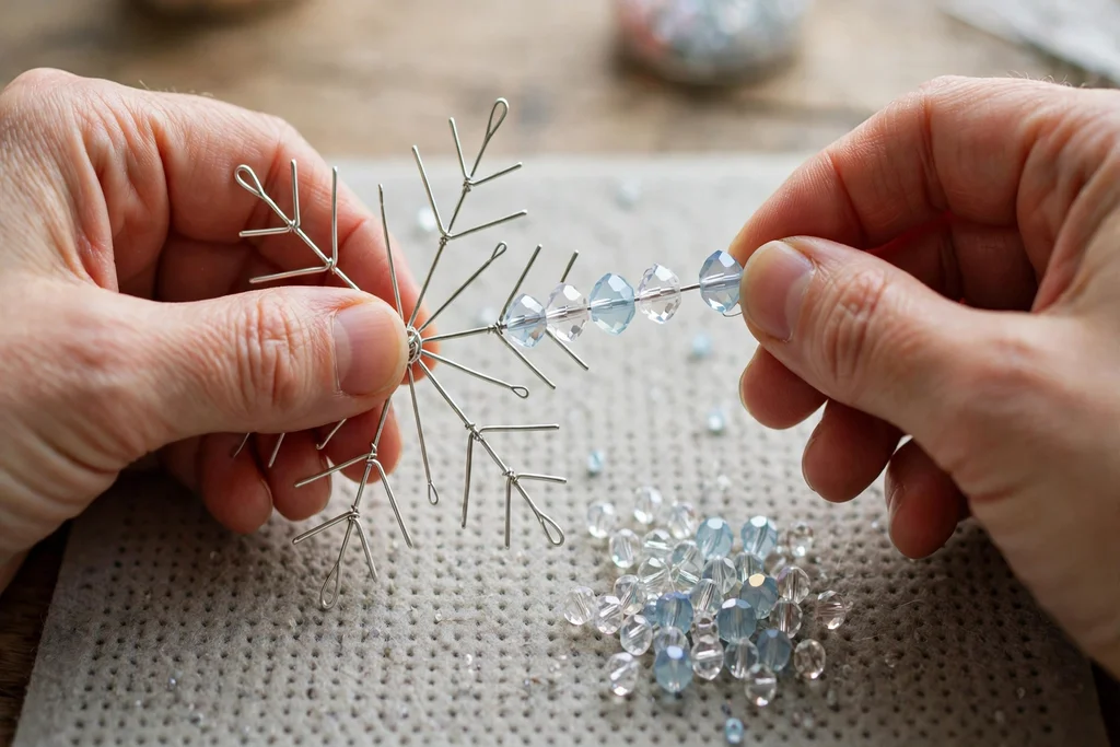 Hands threading clear and pale blue crystal beads onto one wire arm of a snowflake ornament on a bead mat.