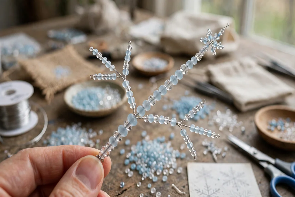 A close view of a beaded snowflake arm with two short beaded side branches angled outward, held over a craft table.