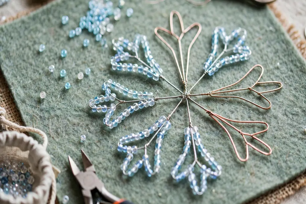 A partly finished crystal snowflake with four beaded arms complete and two arms still plain wire, on a felt mat.