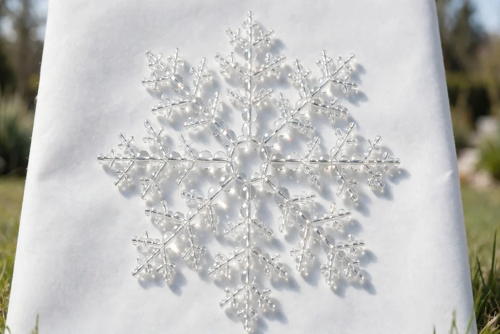 A finished six arm crystal snowflake laid flat on a white surface, evenly spaced, catching light.
