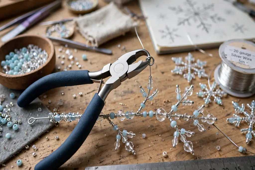 Round nose pliers forming a small loop at the tip of a beaded snowflake arm on a workbench.