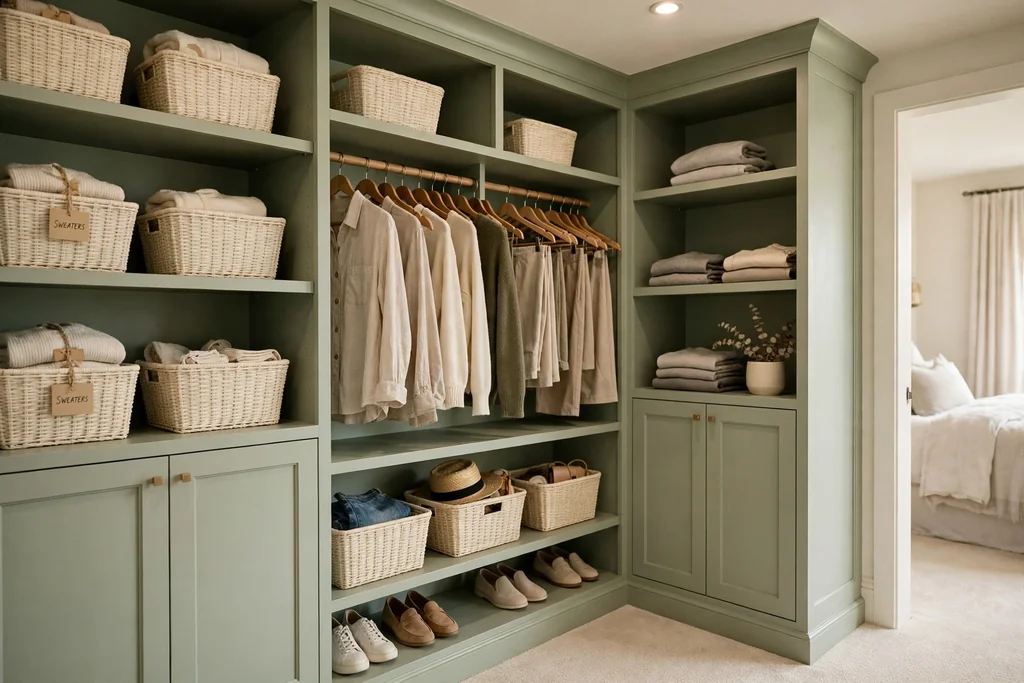 Master bedroom closet with soft sage green painted built-in shelves, wood hangers, and cream baskets.