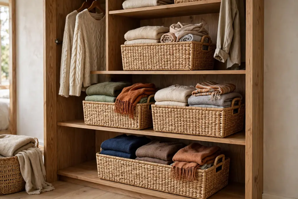 Open closet shelves with matching seagrass baskets holding folded knitwear and scarves.