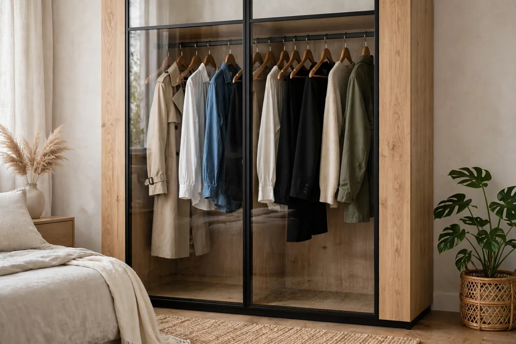 Wardrobe with clear glass-front doors showing neatly hung clothes on matching hangers.