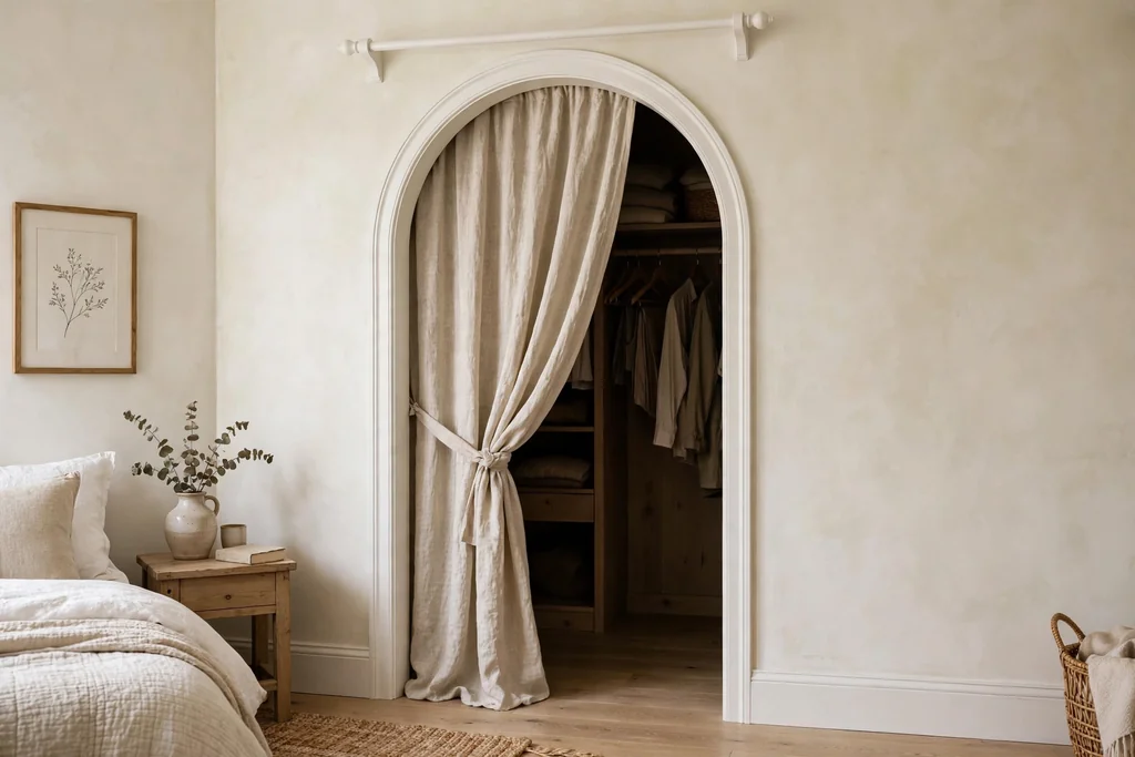 Bedroom wall with an arched closet opening, white painted trim, and a linen curtain.