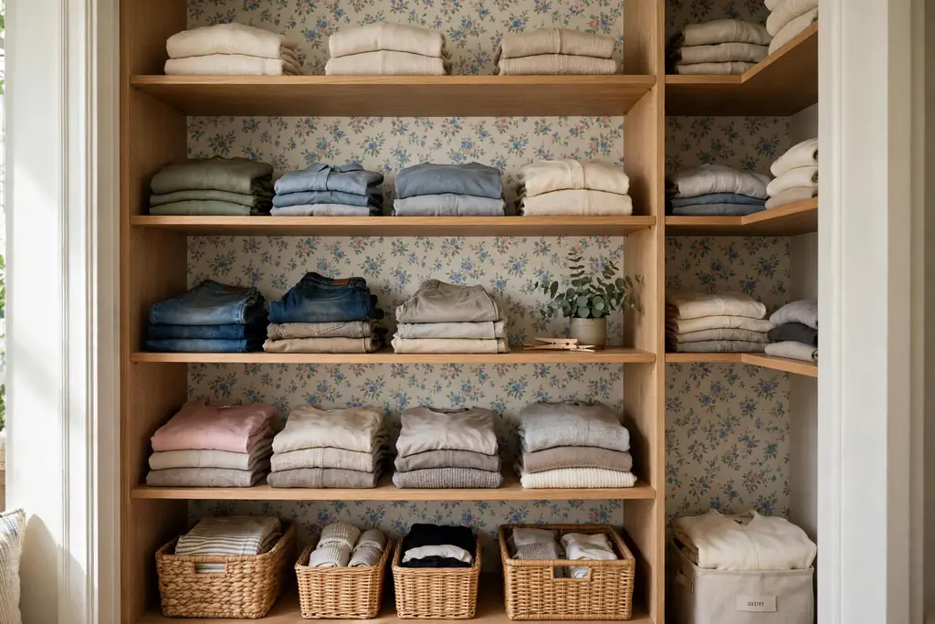 Closet with a small floral wallpaper back wall behind open shelves and folded clothes.