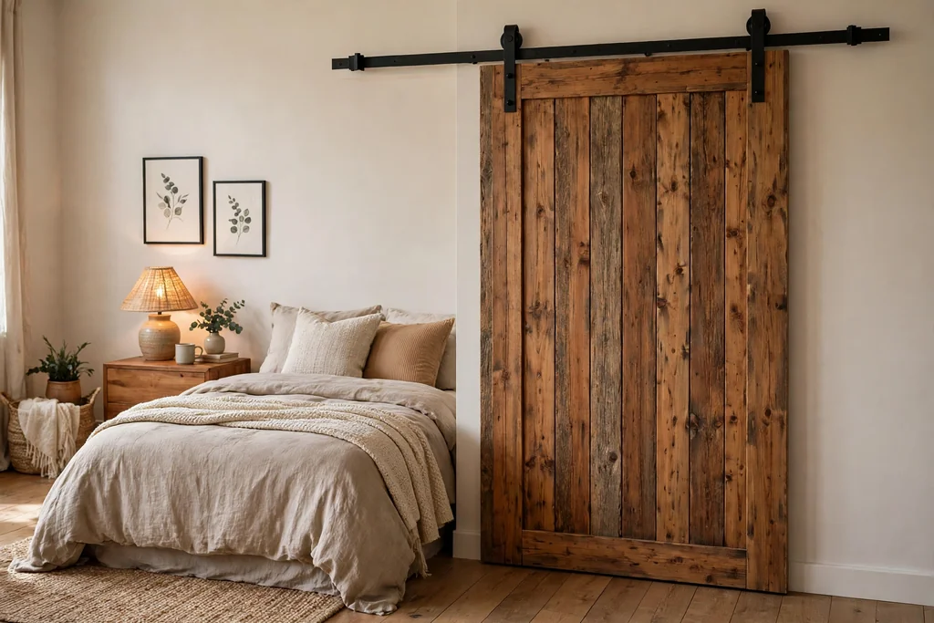 Warm wood sliding barn door with black iron hardware covering a bedroom closet opening.