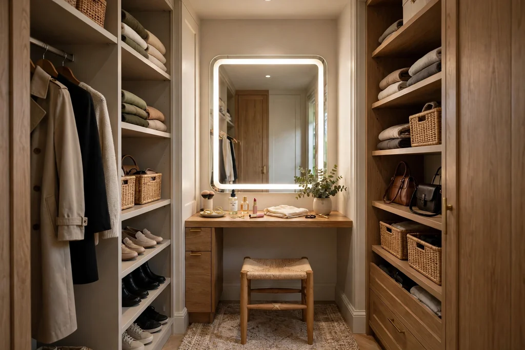 Vanity nook inside a walk-in closet with a narrow desk, a lit mirror, and a small stool.