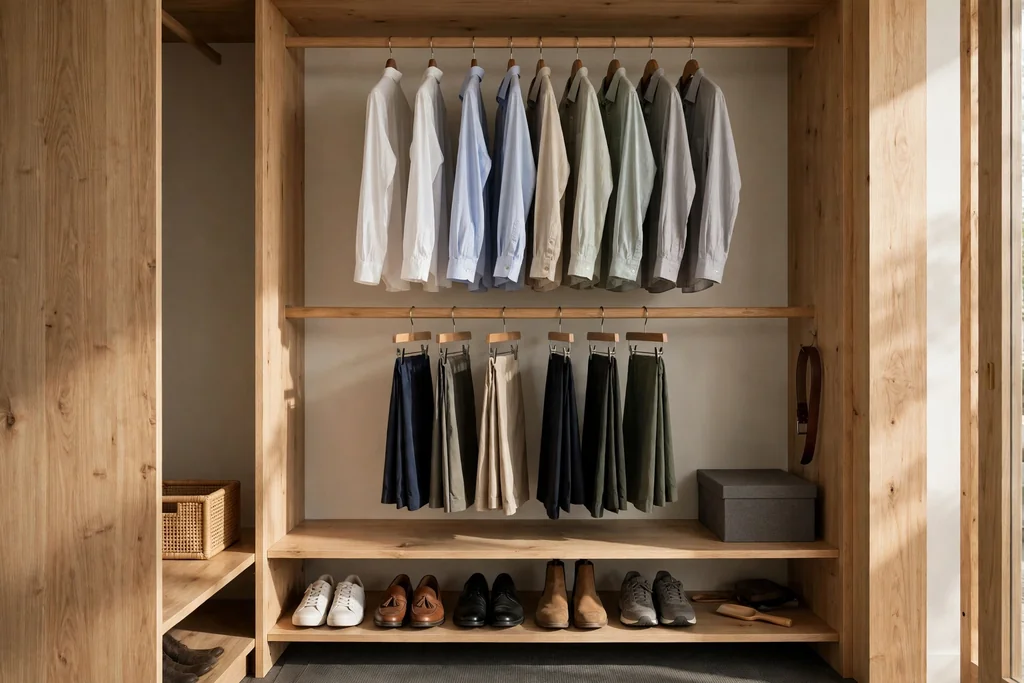 Closet with double hanging rails for shirts and trousers and a low shelf of shoes below.