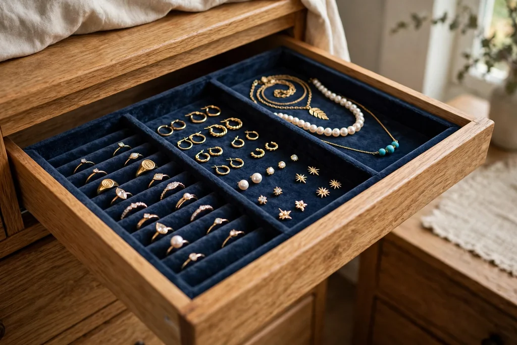 Open shallow drawer lined with velvet holding organized rings, earrings, and necklaces.