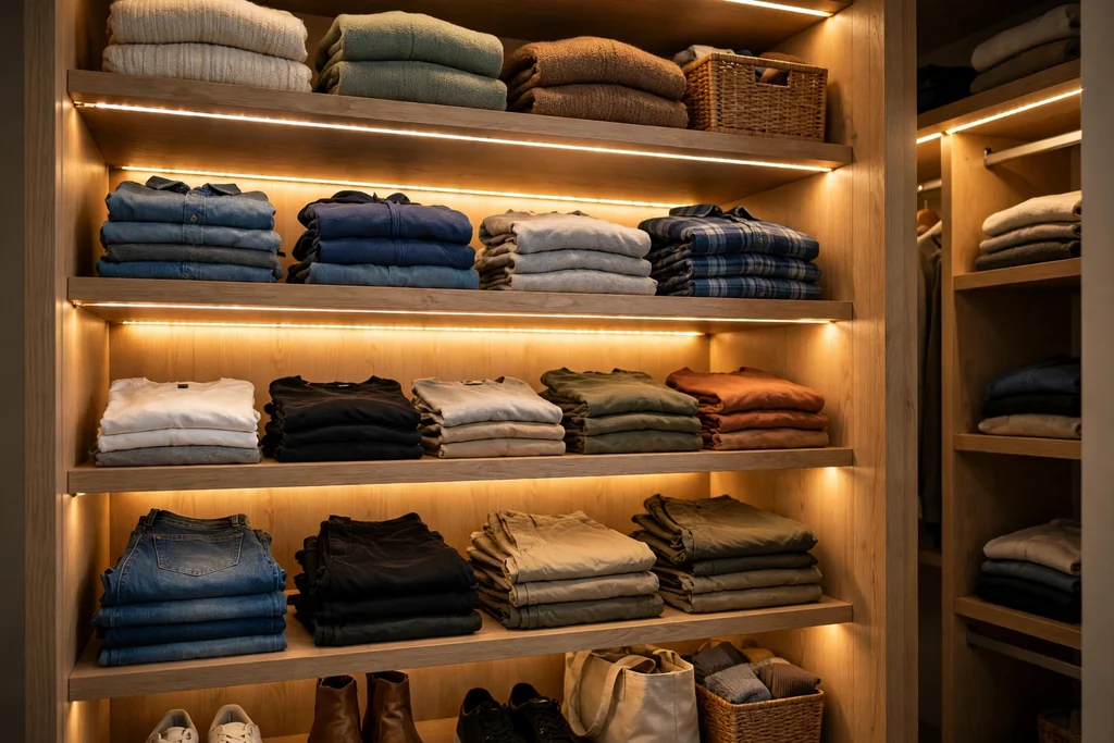 Closet shelves lit by warm LED strips with clothes clearly visible on each level.