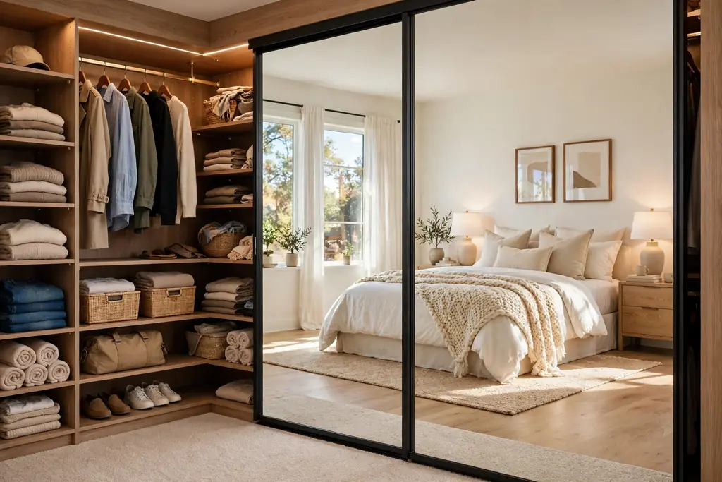 Wide reach-in closet with mirrored sliding doors reflecting a bright master bedroom.