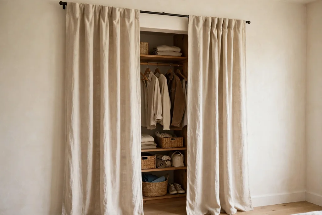 Closet opening dressed with natural linen curtain panels hanging from a rod near the ceiling.