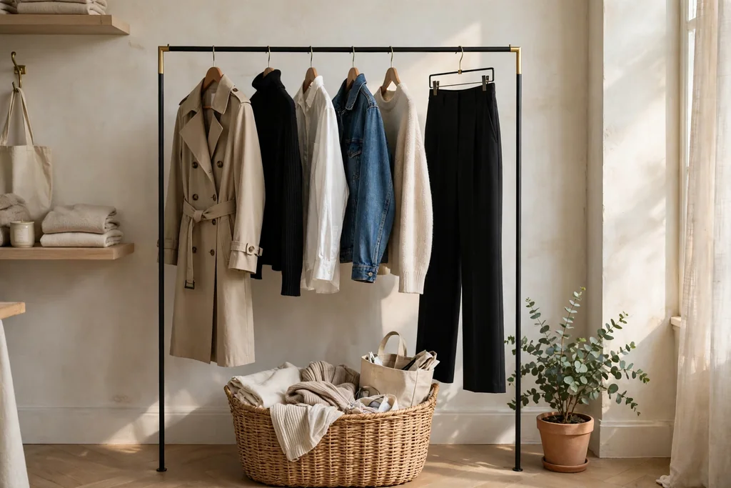 Slim open clothing rail styled like a boutique with a capsule of outfits and a basket below.
