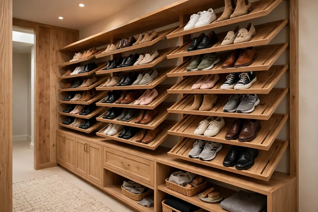 Walk-in closet wall with angled shelves displaying shoes in neat pairs.