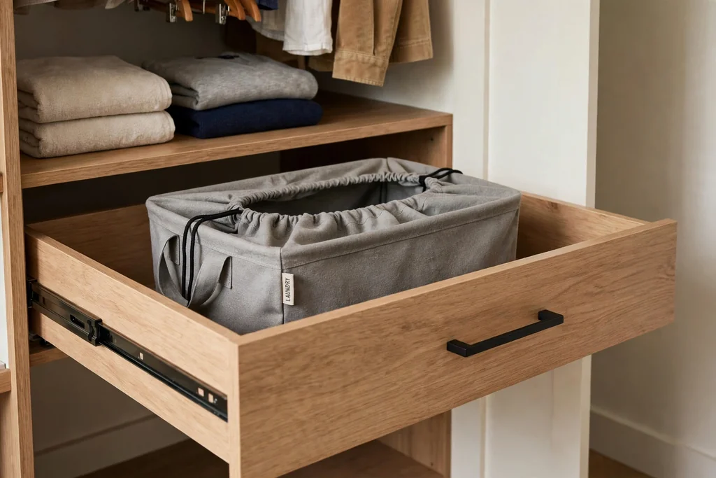 Closet drawer pulled open to show a removable laundry hamper bag inside.