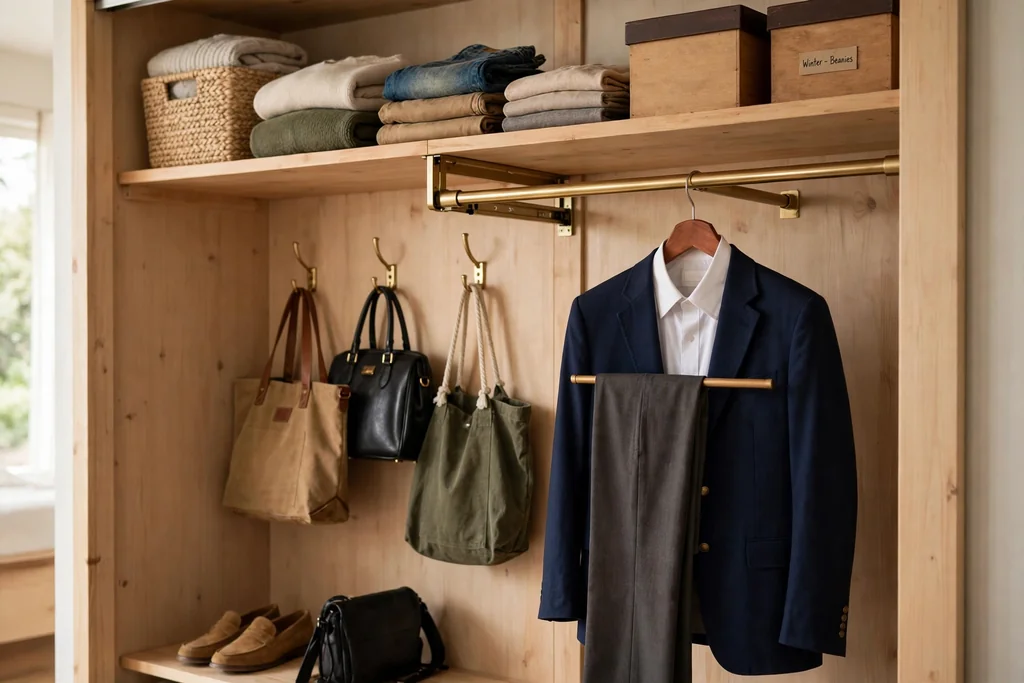 Closet shelf with a pulled-out valet rod holding an outfit and hooks holding bags.