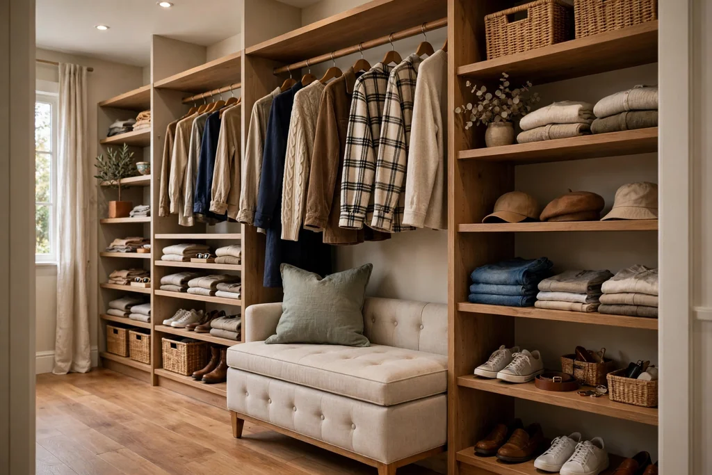 Walk-in closet with an upholstered storage bench, a cushion, and shelves beside it.
