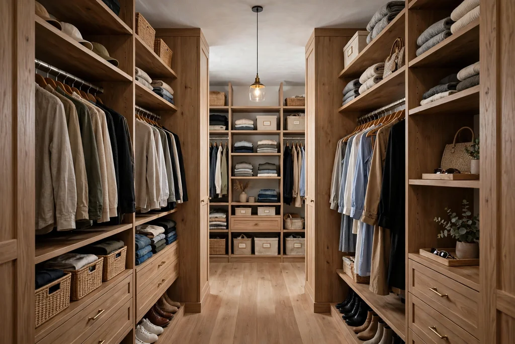 Walk-in closet with a small pendant light hanging above the center aisle.