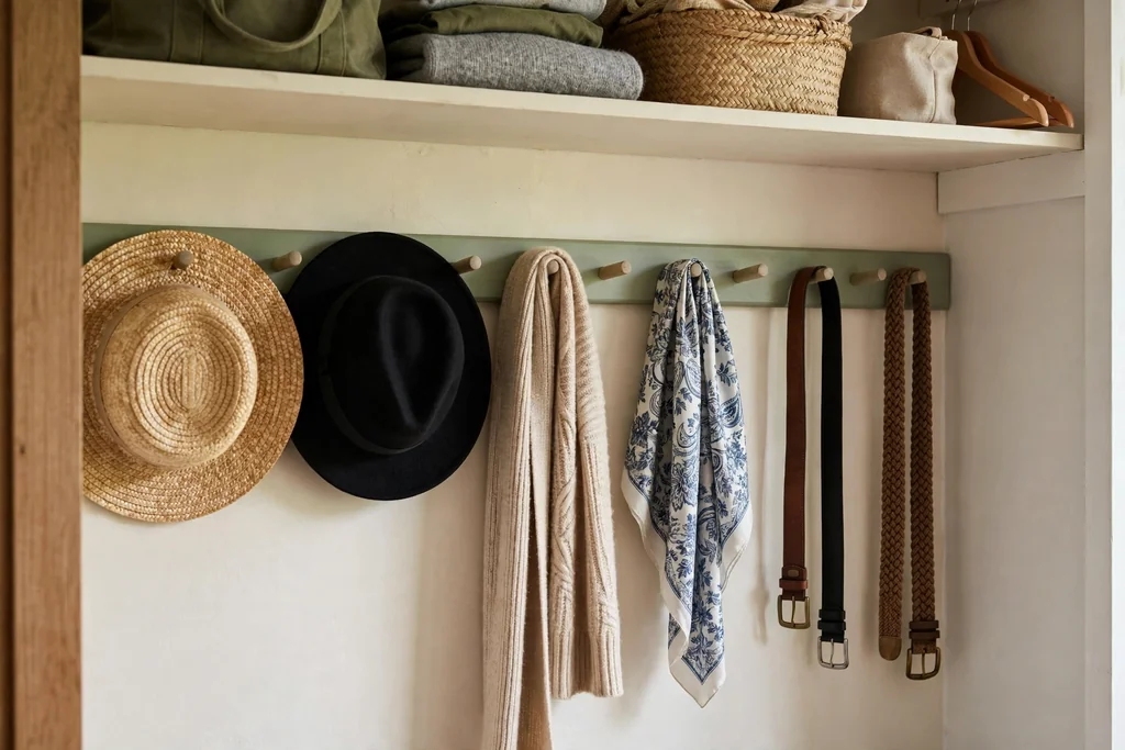 Closet wall with a painted peg rail holding hats, scarves, and belts.