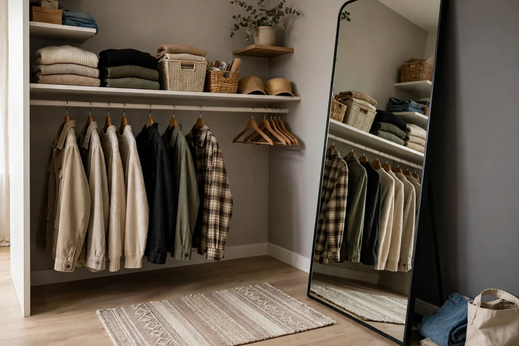 Closet corner with a small rug and a full-length leaning mirror.