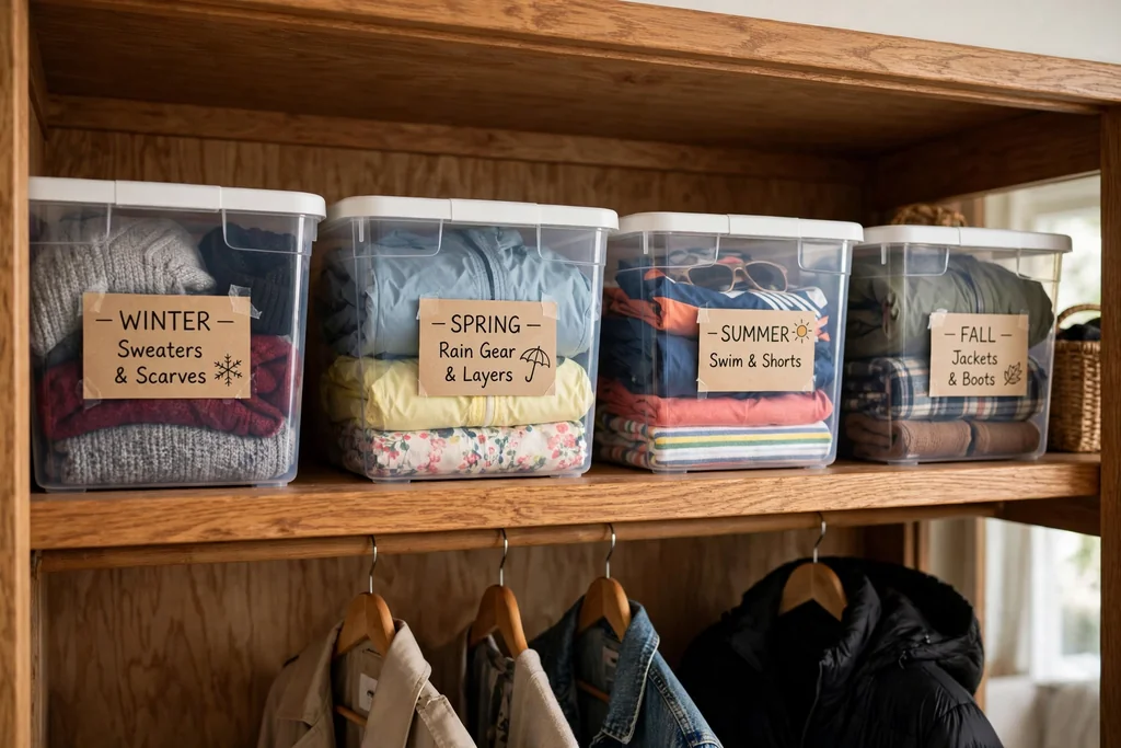 Top closet shelf with labeled bins with lids holding seasonal clothes.