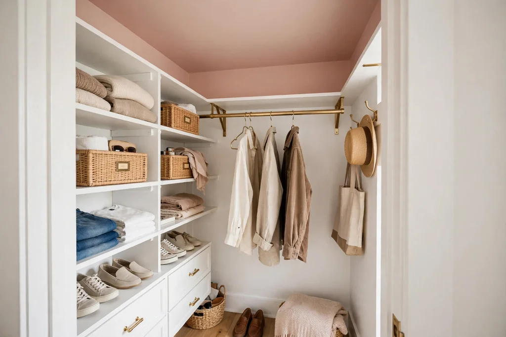 Small closet with a soft blush painted ceiling, white shelving, and brass hardware.