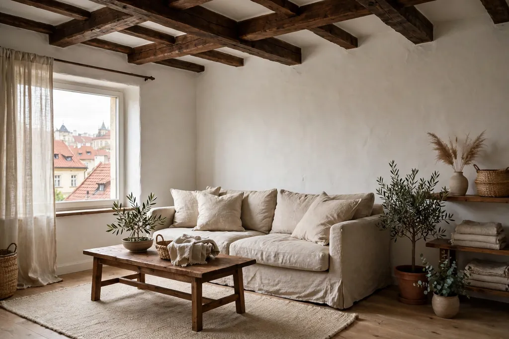 Czech living room with warm white walls and dark wood beams.