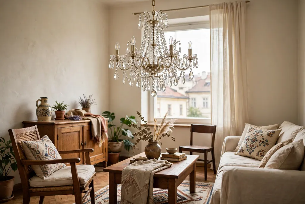 Bohemian crystal chandelier over a seating area in a Czech living room.