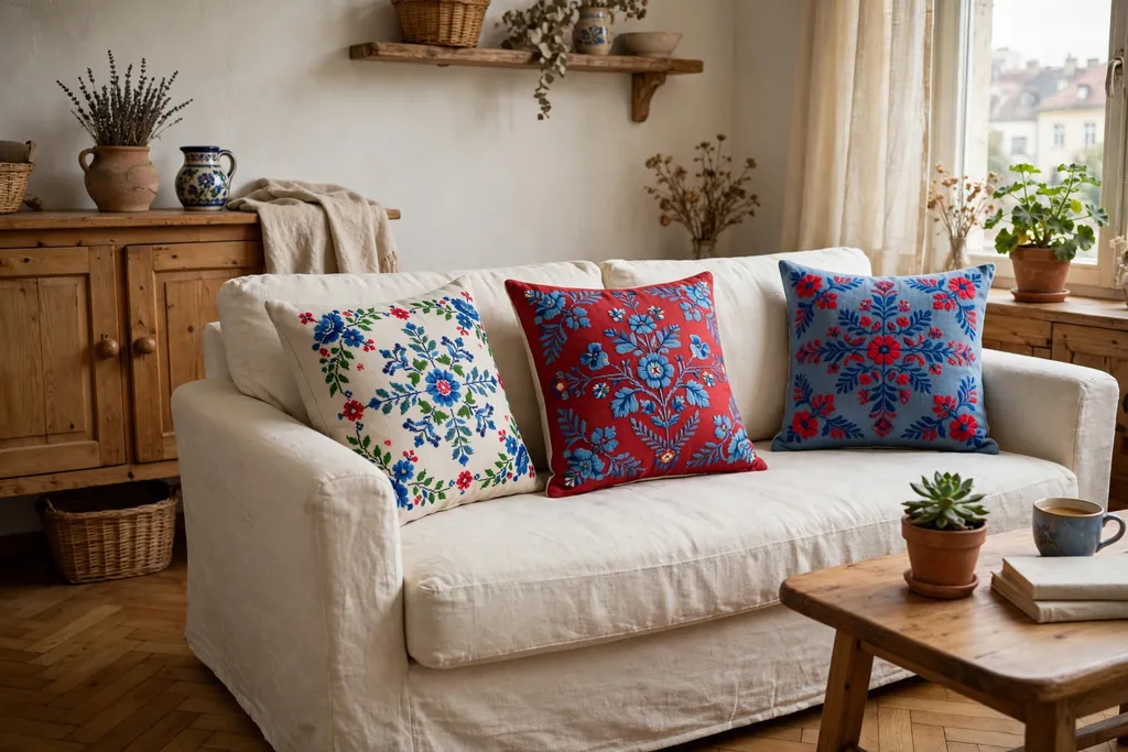 Folk embroidery cushions in red and blue on a plain linen sofa.