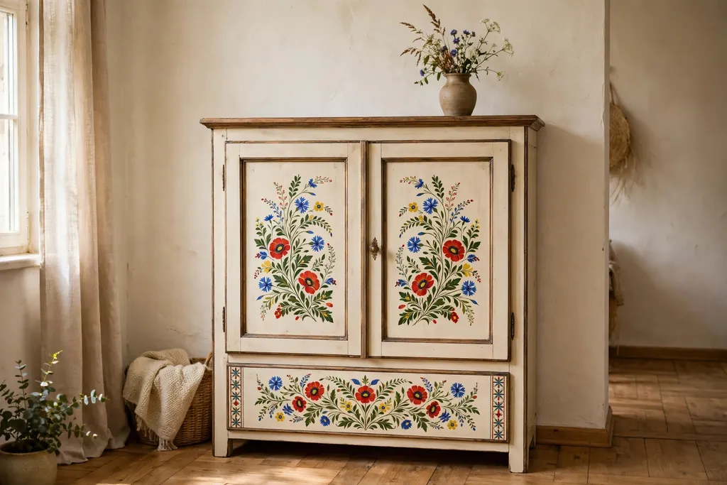Painted Moravian cabinet with folk flowers in a Czech living room.