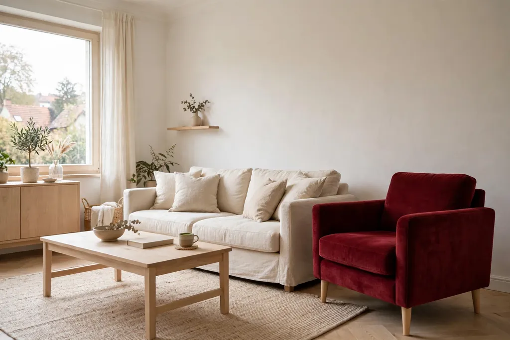 Czech living room with a deep garnet red armchair and cream walls.