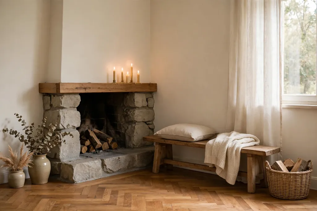 Stone fireplace corner with a low wood bench in a Czech living room.
