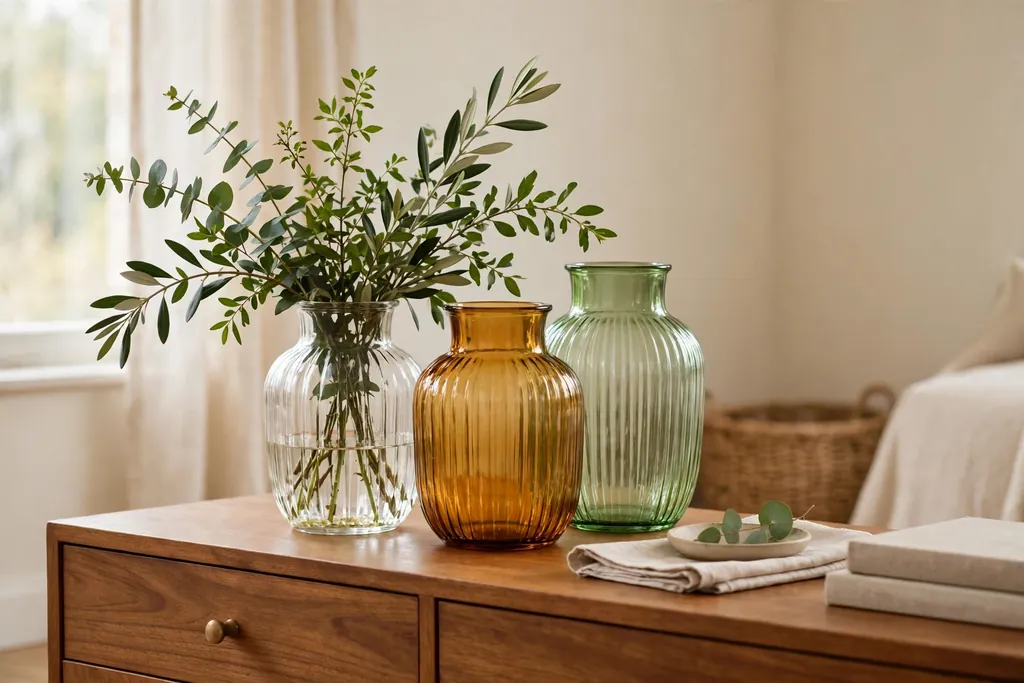 Grouped Czech glass vases in clear, amber, and green on a sideboard.