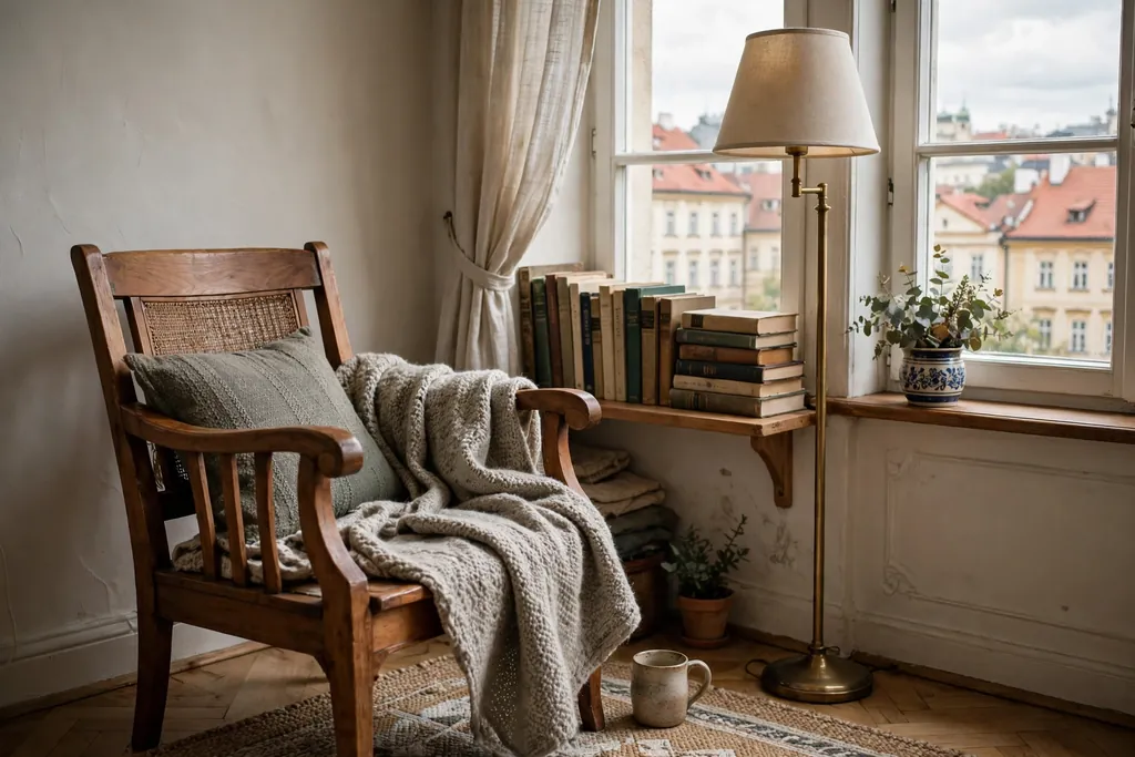 Reading nook with a wood armchair, Czech books, and a wool throw.