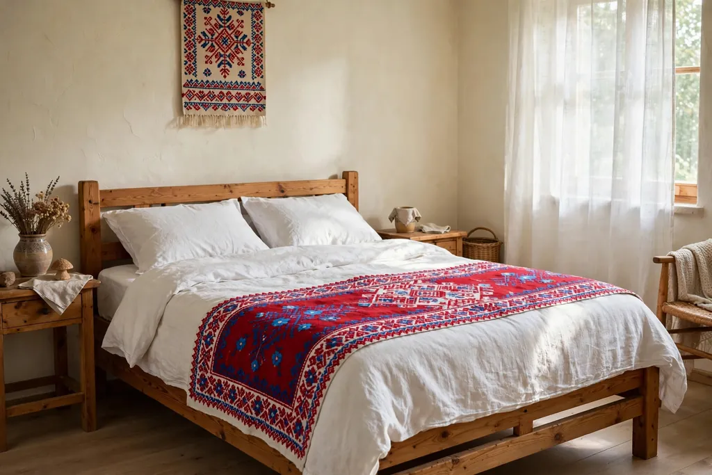 Czech bedroom with white linen bedding and a folk embroidered throw.