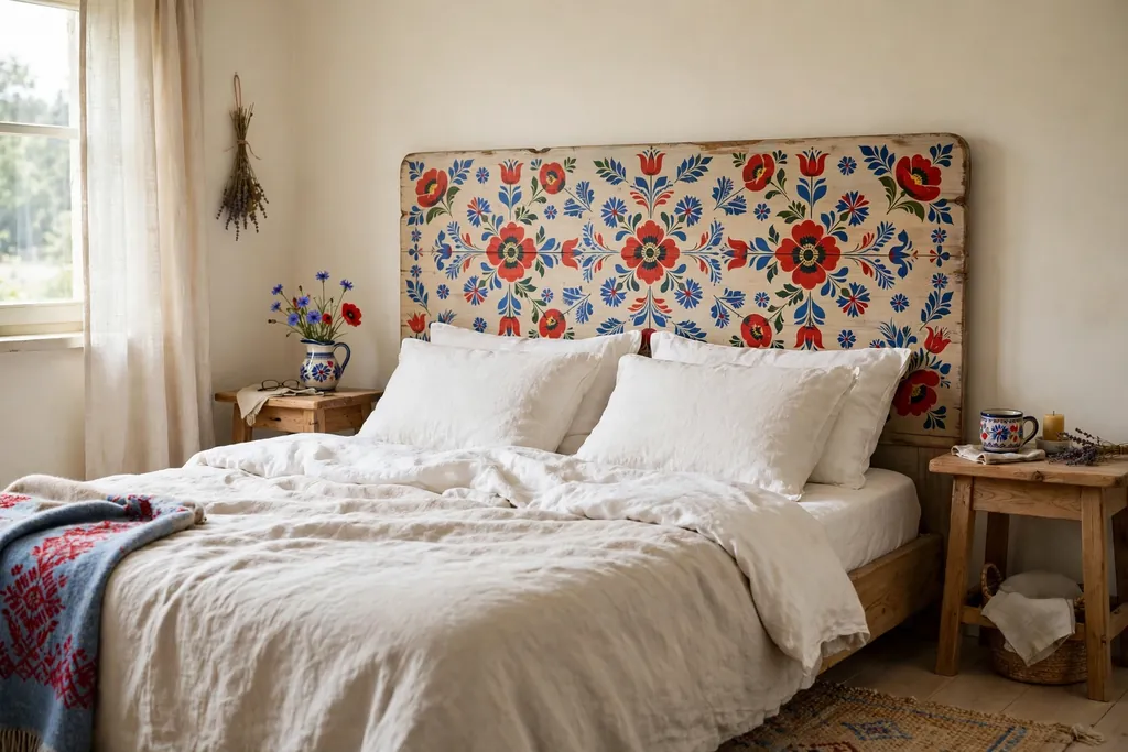 Painted wooden headboard with folk flowers in a Czech bedroom.