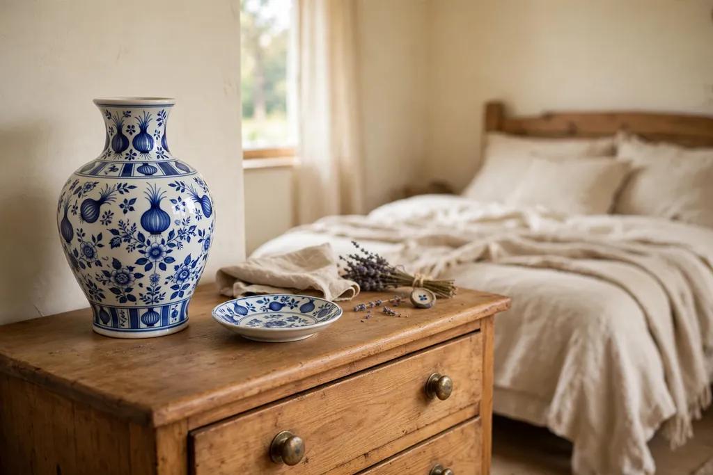 Blue onion porcelain vase and dish on a Czech bedroom dresser.