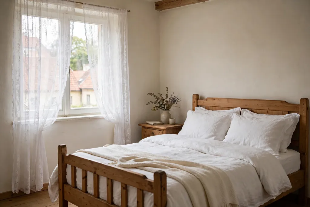 Bedroom window with white lace curtains in a Czech home.