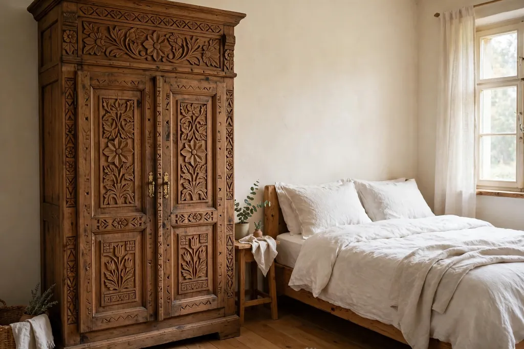 Carved wooden wardrobe in a Czech bedroom with linen bedding.